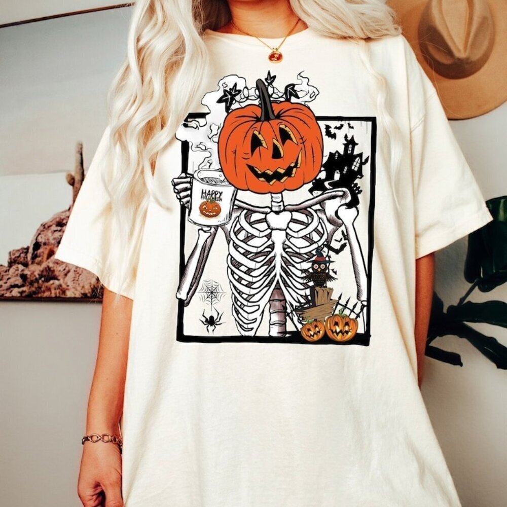 Skeleton Pumpkin Shirt Halloween Coffee Lover Skeleton Shirt